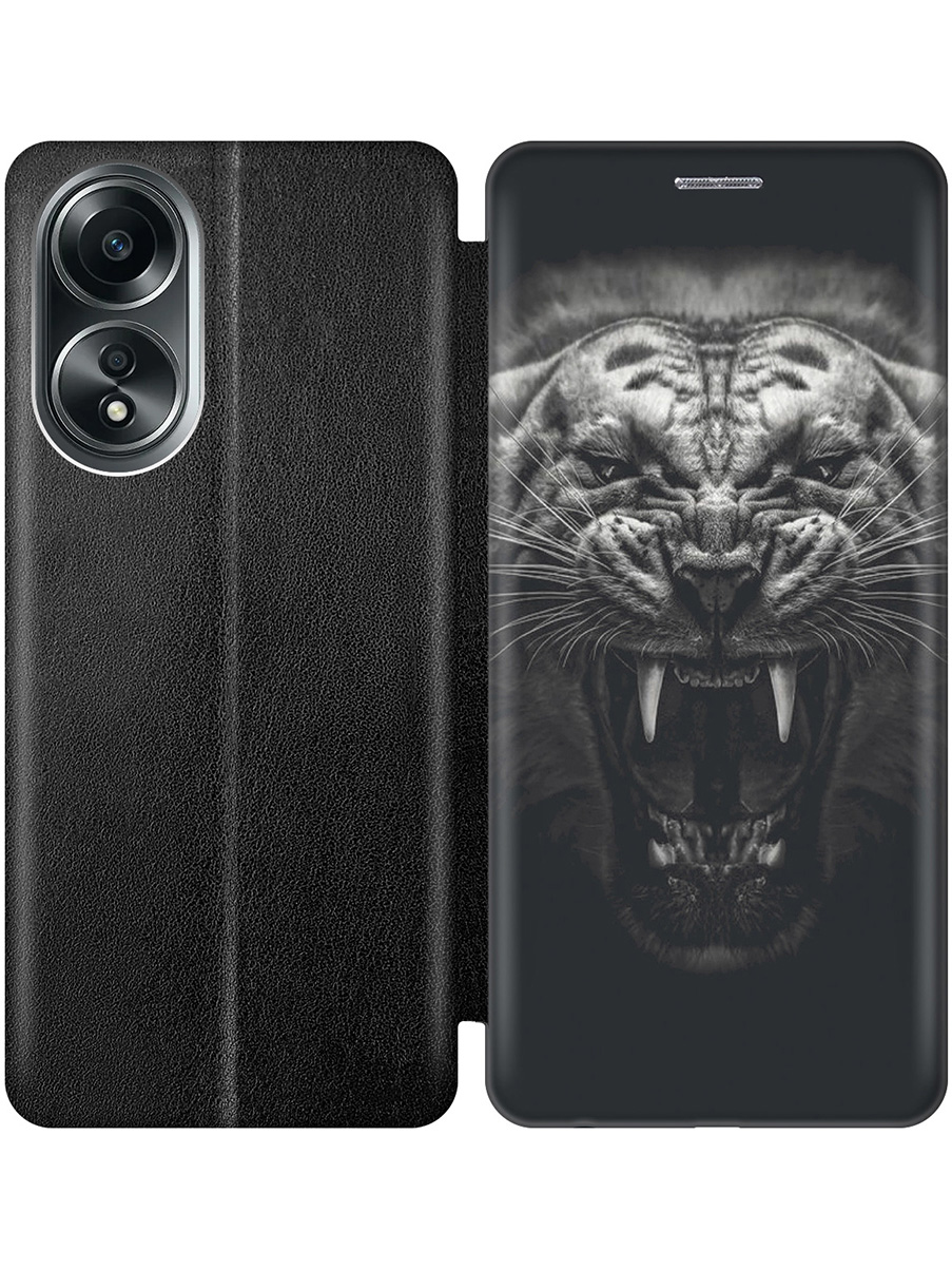 

Чехол-книжка на Oppo A58 4G с принтом "Оскал тигра" черный, Черный;серый, 782630013
