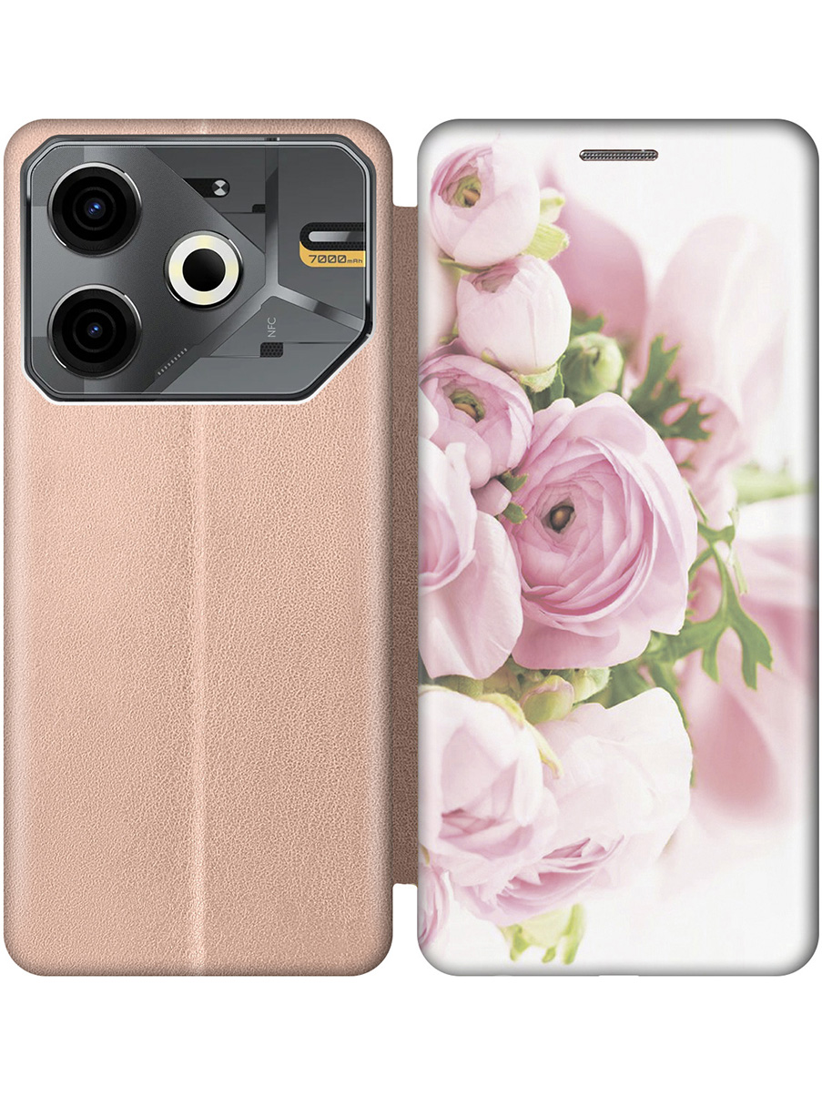 

Чехол-книжка на Tecno Pova 6 Neo с принтом "Розовые розы" золотой, Золотистый;белый;розовый;серый, 782634821