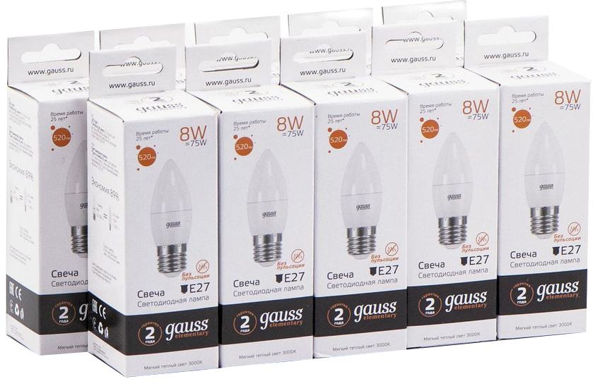 фото Упаковка ламп 10 штук gauss led elementary candle 8w e27 3000k