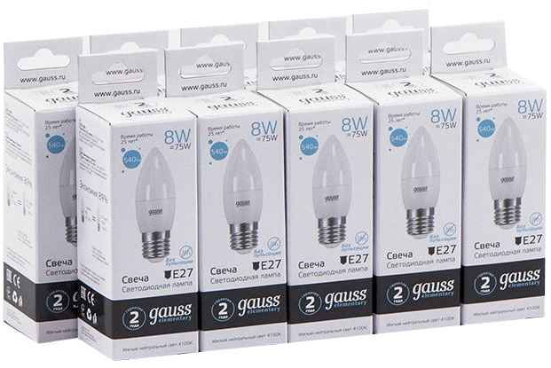 фото Упаковка ламп 10 штук gauss led elementary candle 8w e27 4100k