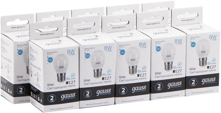 фото Упаковка ламп 10 штук gauss led elementary globe 8w e27 4100k