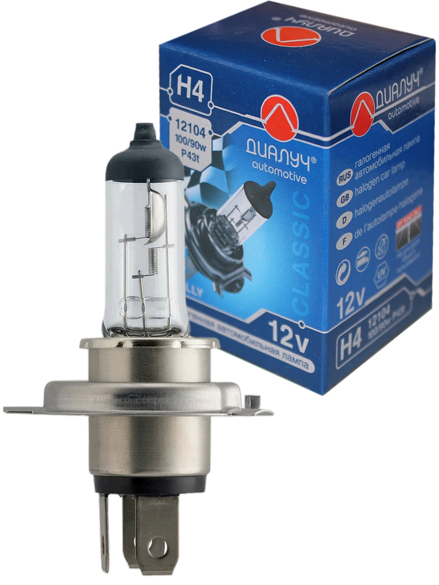 Лампа в головной свет Диалуч, H4, 12V, повышенной мощности, 100/90W, P43t, 3200K, 1 шт.