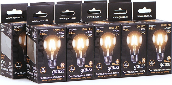 фото Упаковка ламп 10 штук gauss led filament a60 e27 10w 930lm 2700к