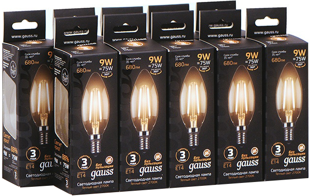 фото Упаковка ламп 10 штук gauss led filament свеча e14 9w 680lm 2700к