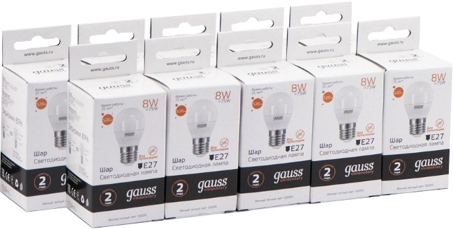 фото Упаковка ламп 10 штук gauss led elementary globe 8w e27 3000k