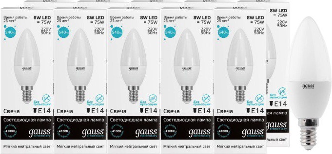 фото Упаковка ламп 10 штук gauss led elementary candle 8w e14 4100k