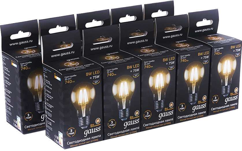 фото Упаковка ламп 10 штук лампа gauss led filament a60 e27 8w 740lm 3000к