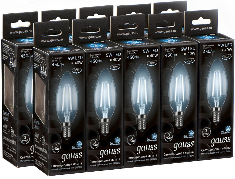 фото Упаковка ламп 10 штук gauss led filament candle e14 5w 4100к