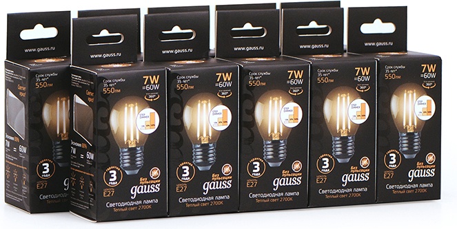 фото Упаковка ламп 10 штук gauss led filament шар e27 7w 550lm 2700k step dimmable