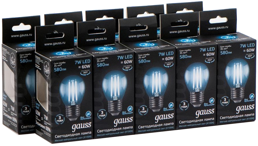 фото Упаковка ламп 10 штук gauss led filament шар e27 7w 580lm 4100k step dimmable