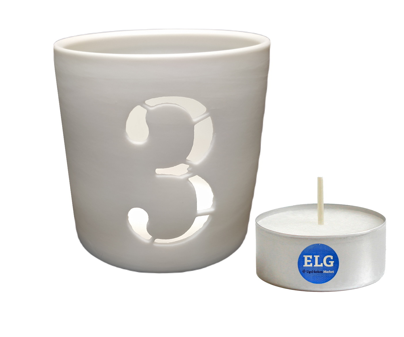 фото Подсвечник керамический цифра "3" ( 7см*6,5 см) + свеча в гильзе elg