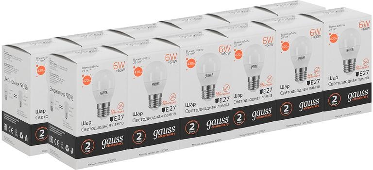 фото Упаковка ламп 10 штук gauss led elementary шар 6w e27 420lm 3000k