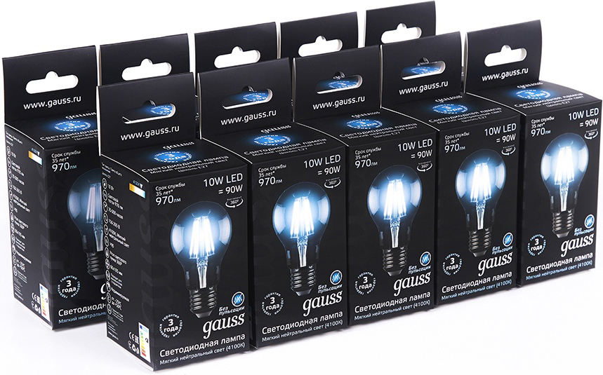 фото Упаковка ламп 10 штук лампа gauss led filament a60 e27 10w 970lm 4100к