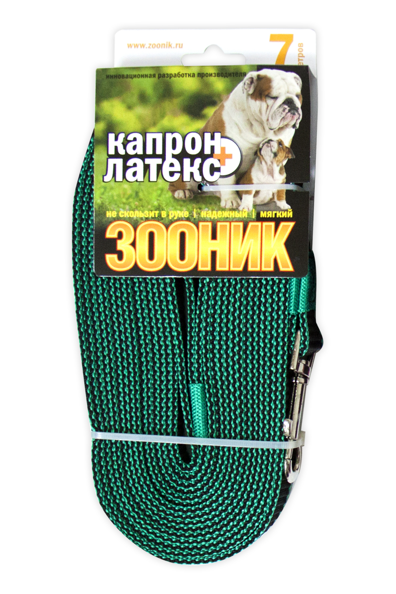 Поводок для собак Зооник капроновый с двойной латексной нитью зеленый, 20 мм x 7 м