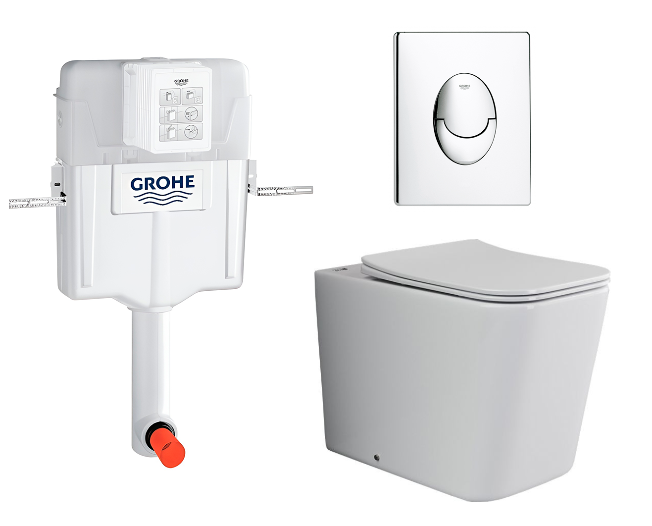 

Комплект: смывной бачок Grohe + унитаз Cubic Rimless + кнопка хром