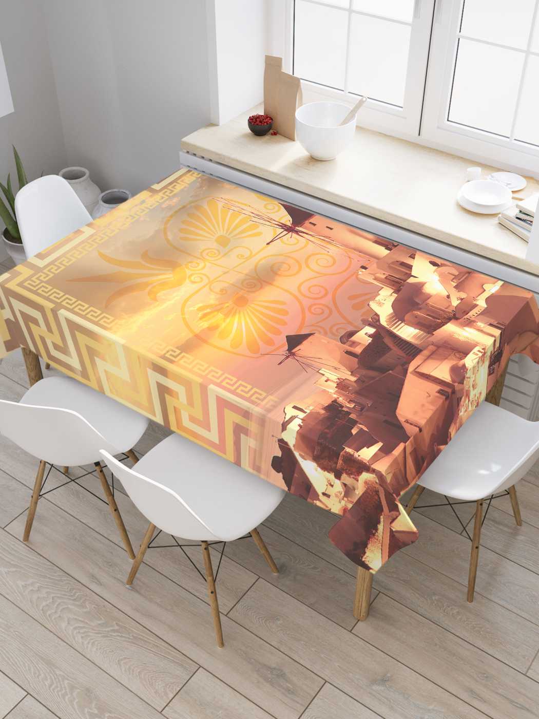 

Скатерть прямоугольная JoyArty "Ветряные мельницы в Санторини" из сатена, 120x145 см, Оранжевый, Ветряные мельницы в Санторини