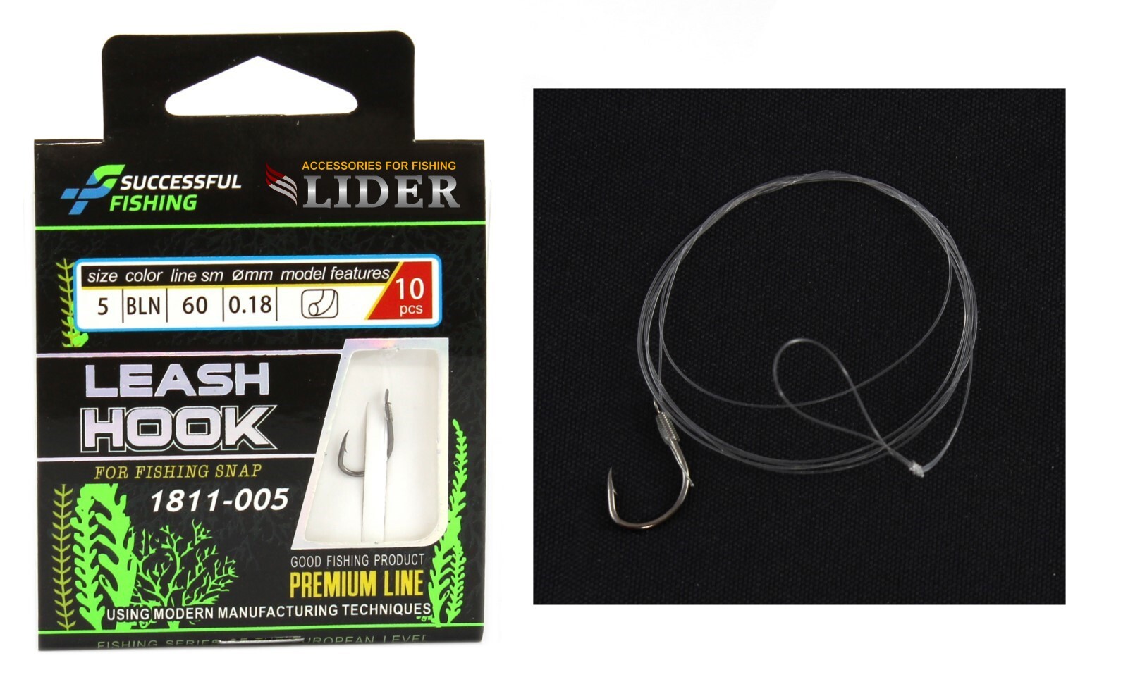 Крючки с поводком LIDER LEASH HOOK кр. №5 BLN леска D-0.18мм L-60см 10 шт