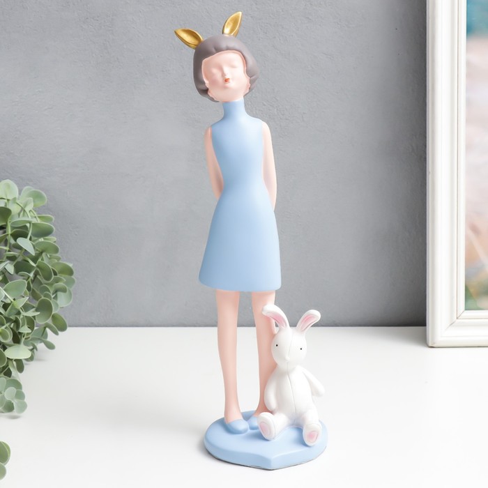 фото Сувенир полистоун "девочка с заичьими ушками, с кроликом" голубой 29х10х10 см nobrand