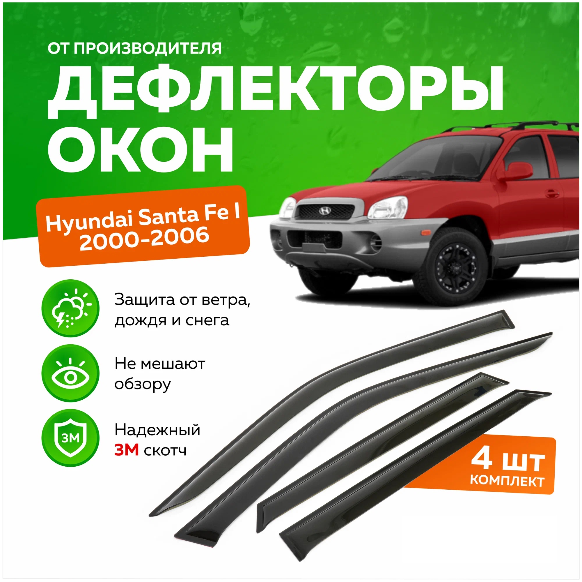 

Дефлектор двери (ветровики) на Hyundai Santa Fe I (2000-2007), SANTA FE