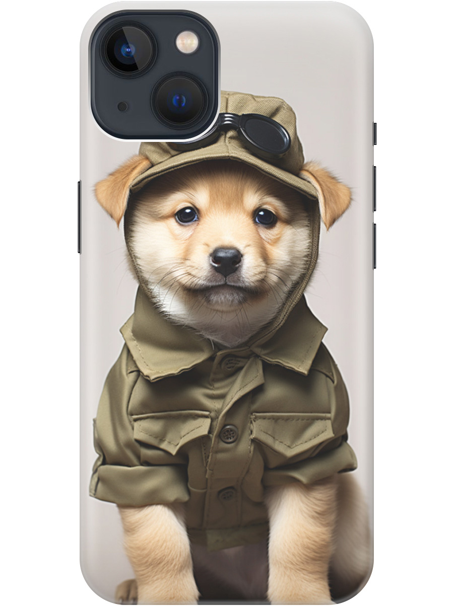

Силиконовый чехол на Apple iPhone 13 с рисунком "Щенок в форме", Серый;зеленый, 20000365
