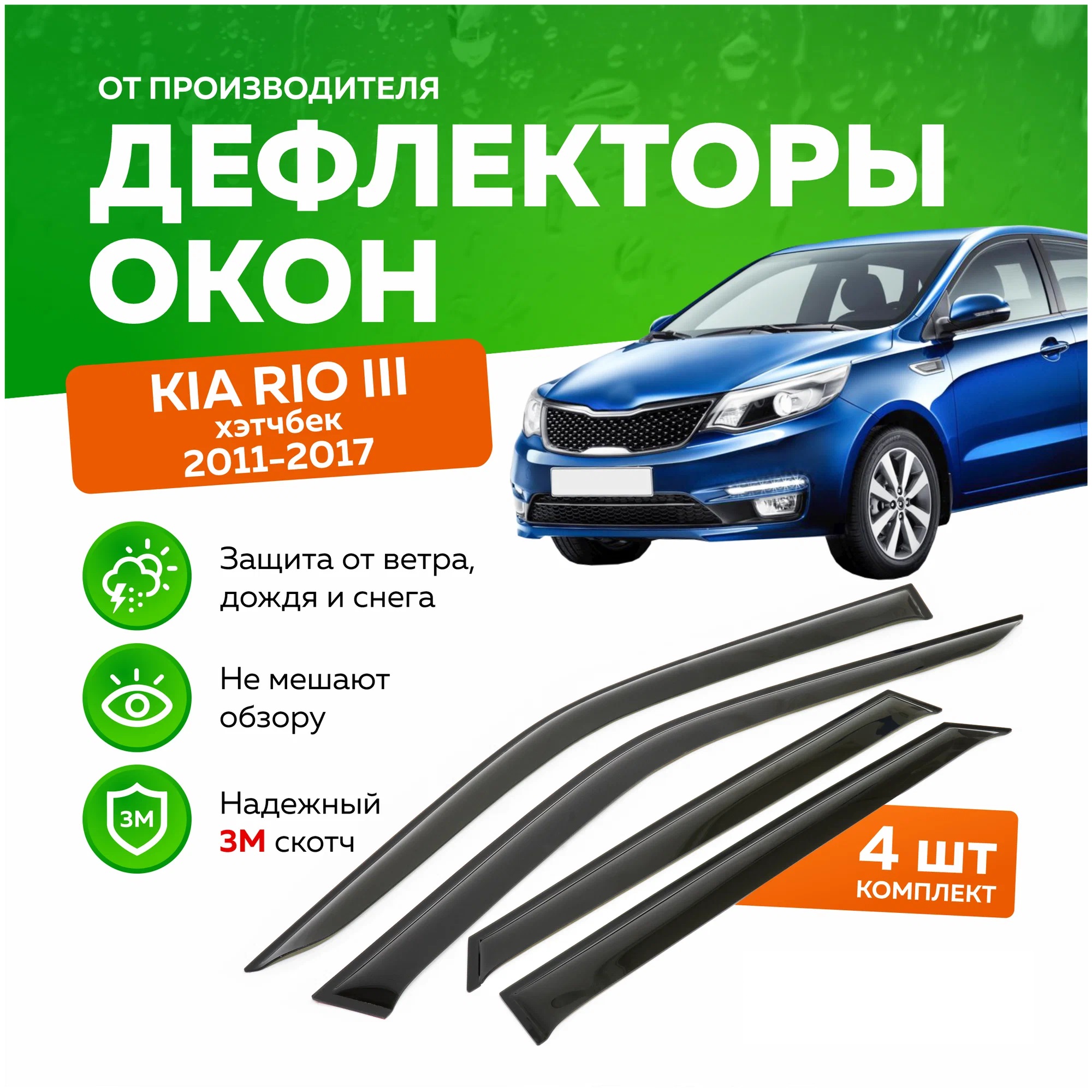 

Дефлектор двери (ветровики) для Kia Rio III (2011-2017), HB(хэтчбэк ; 5 дверей), ANV_Kia Rio III_HB