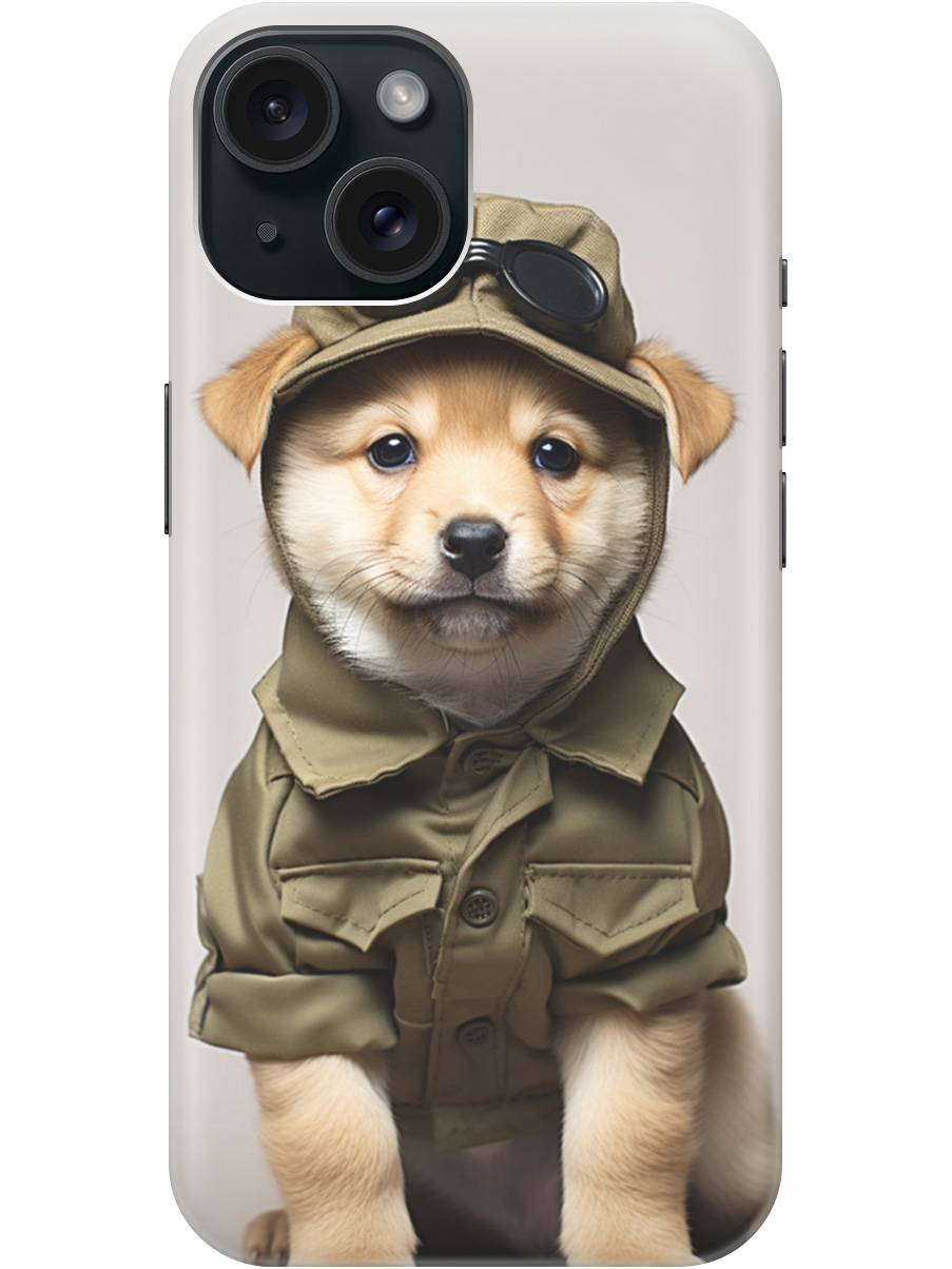 

Силиконовый чехол на Apple iPhone 15 с рисунком "Щенок в форме", Серый;зеленый, 20000001