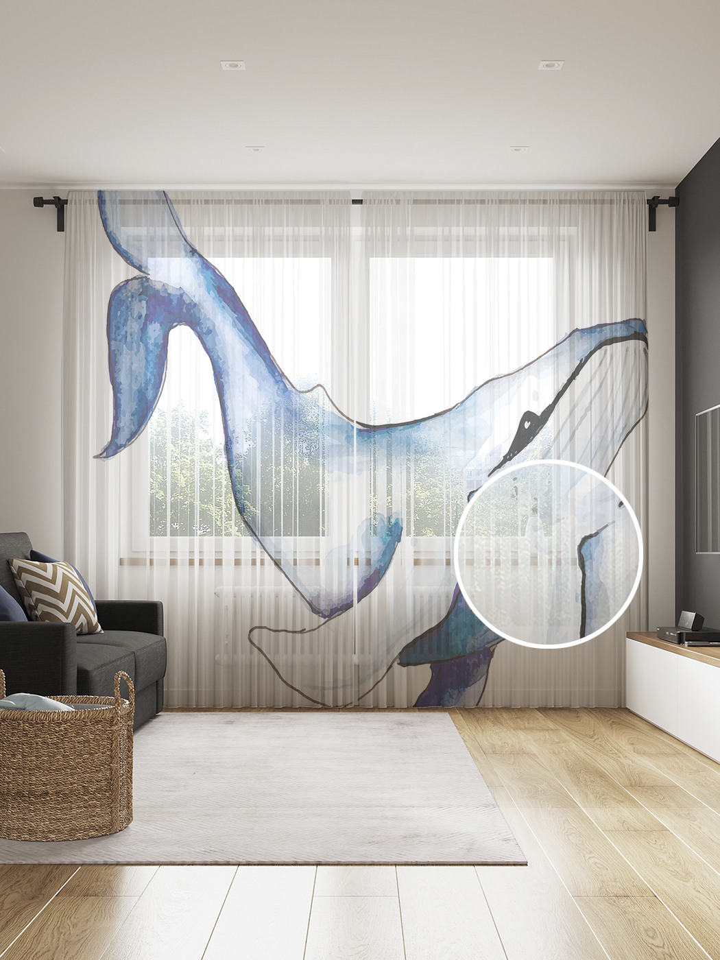 

Фототюль JoyArty "Кит выжидает", 145x265см (2 полотна со шторной лентой + 50 крючков), Кит выжидает