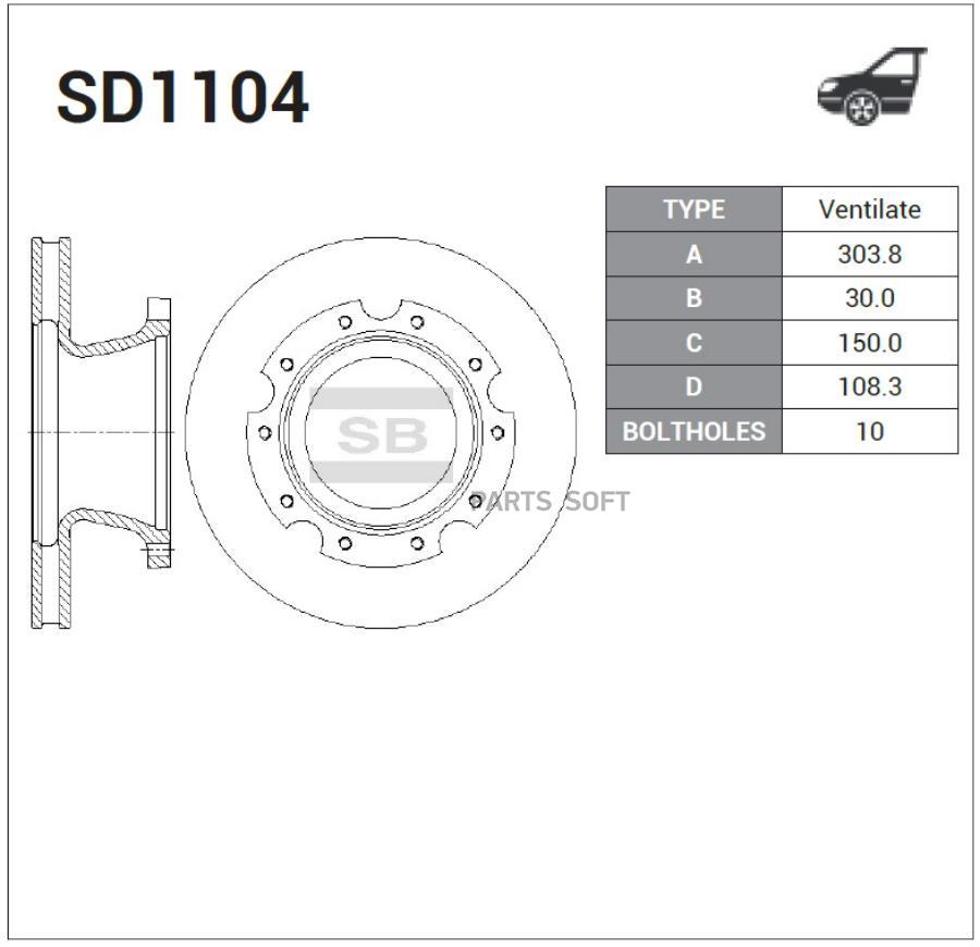 

Диск тормозной SANGSIN SD1104 HD65 комплект АБС