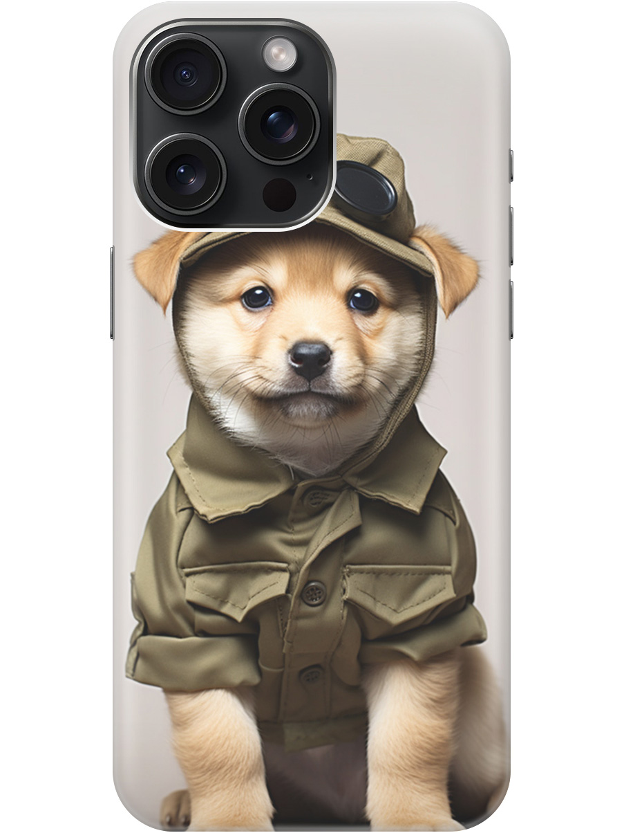 

Силиконовый чехол на Apple iPhone 15 Pro Max с рисунком "Щенок в форме", Серый;зеленый, 20000013