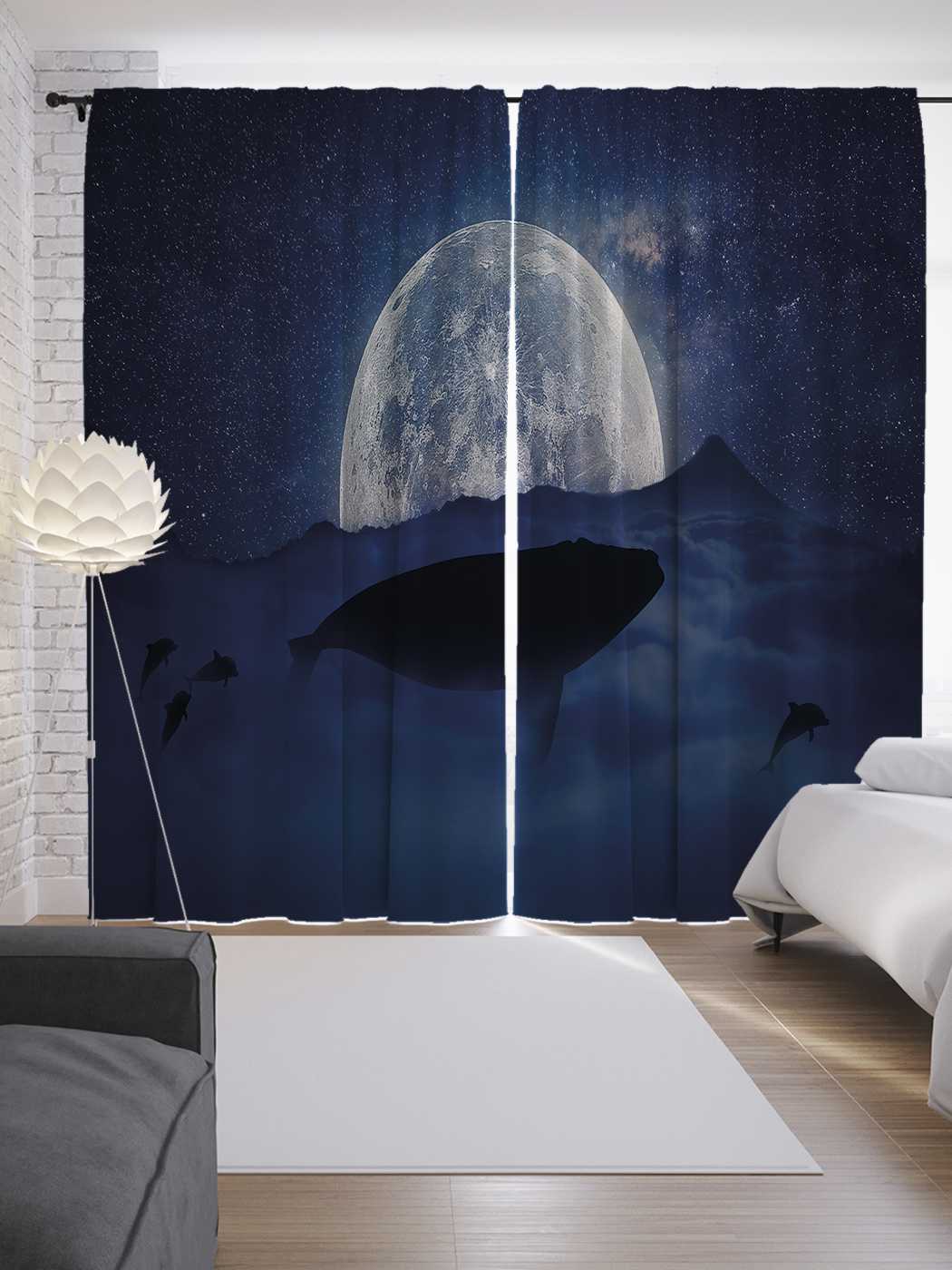 фото Шторы joyarty с фотопечатью "кит и луна" из сатена, 290х265 см