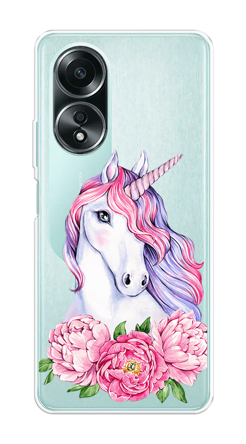 

Чехол на Oppo A58 4G "Единорог с пионами", Розовый;белый;зеленый, 2514950-1