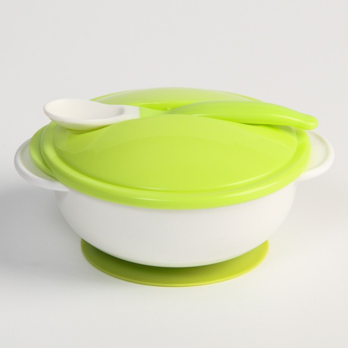 Крошка Я Набор детской посуды: миска на присоске 400мл., с крышкой, ложка, цвет белый/зеле