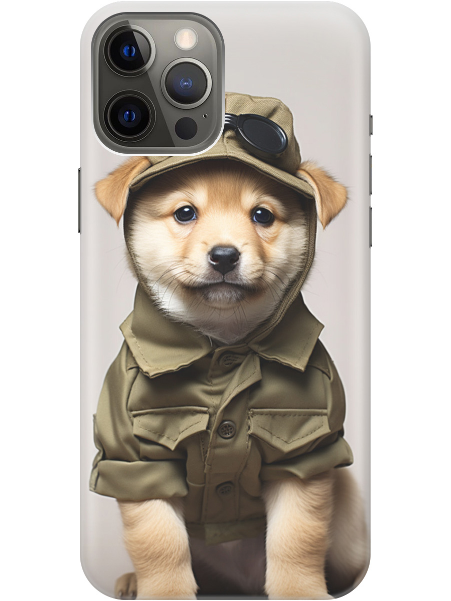 

Силиконовый чехол на Apple iPhone 12 Pro Max с рисунком "Щенок в форме", Серый;зеленый, 20000398