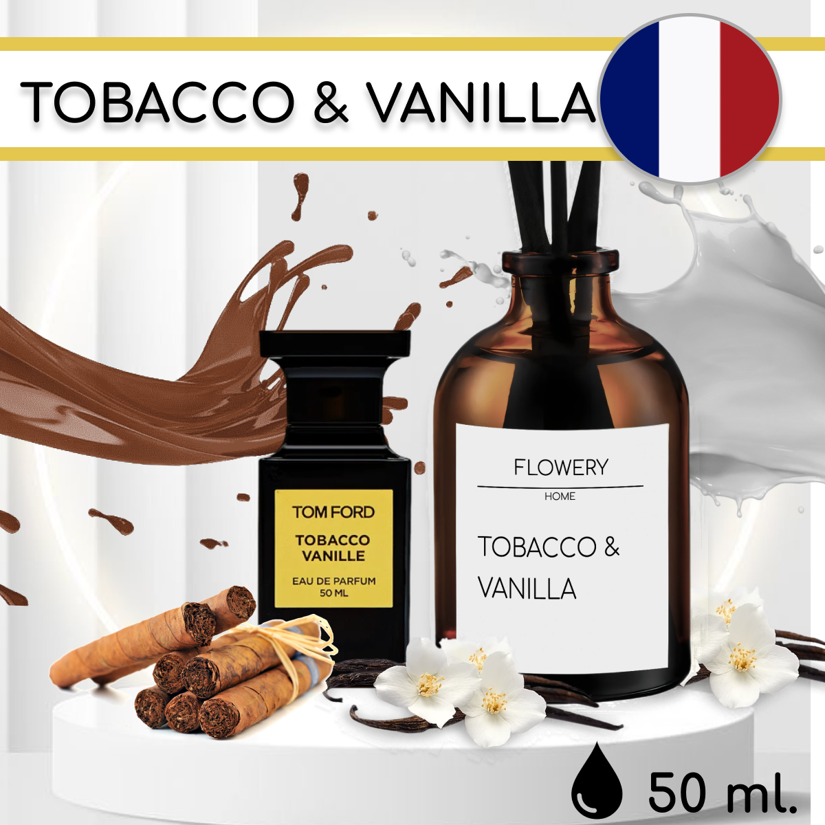 Ароматический диффузор для дома FLOWERY FLO с палочками Tobacco & vanilla 50 мл