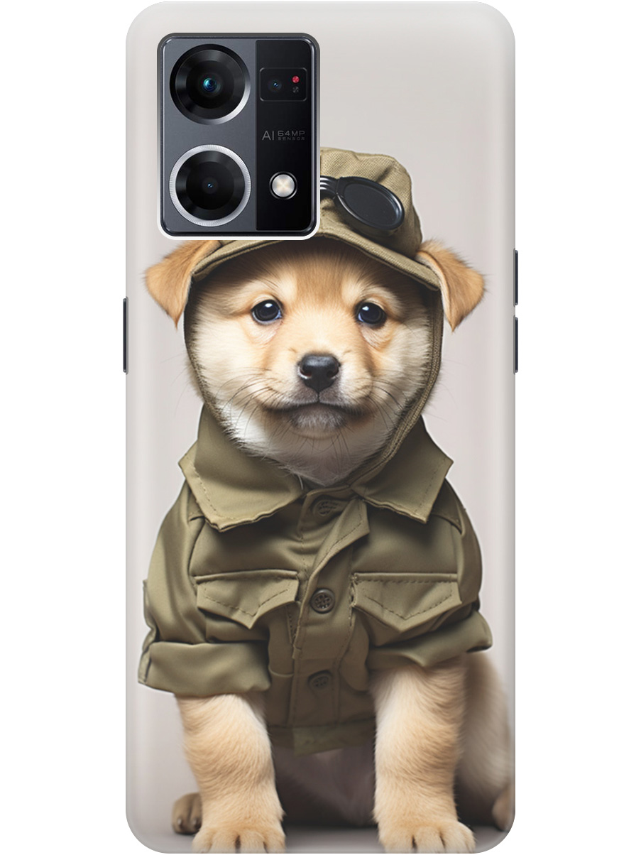 

Силиконовый чехол на OPPO Reno7 с рисунком "Щенок в форме", Серый;зеленый, 20000484