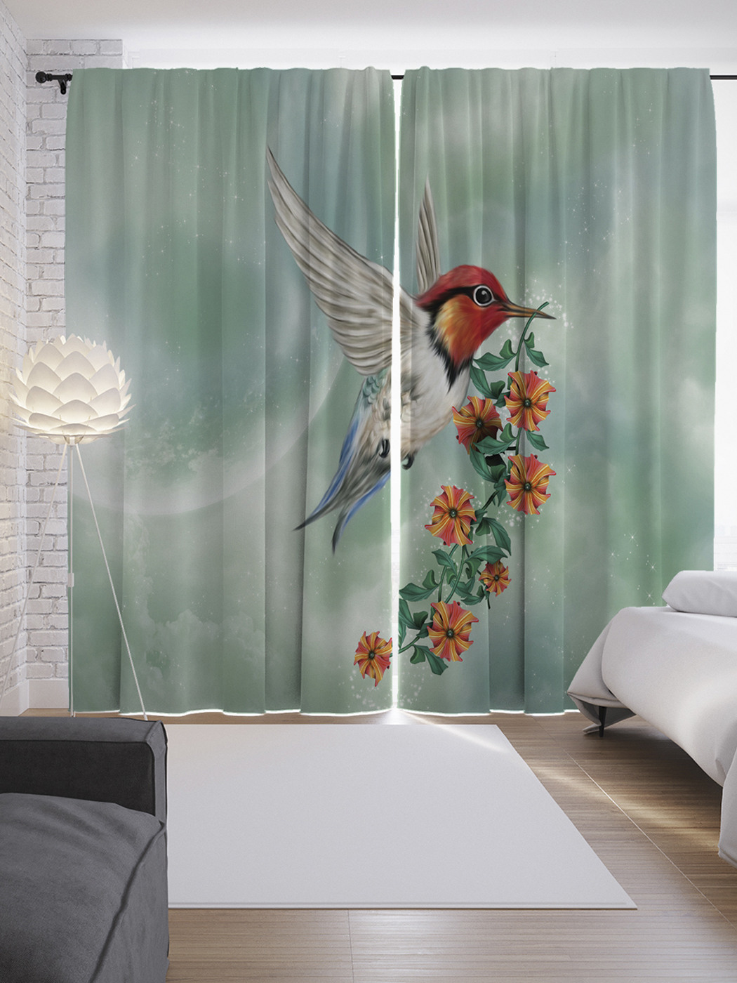 

Шторы JoyArty с фотопечатью "Птица несет веточку" из сатена, 290х265 см, Птица несет веточку