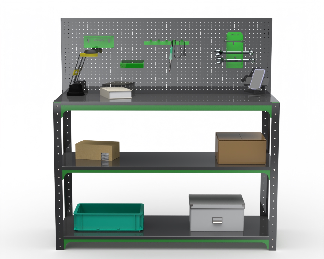 

Стол-верстак Metalex 204182 KIT 950х1100х600 две полки + перфопанель, серо-зеленый