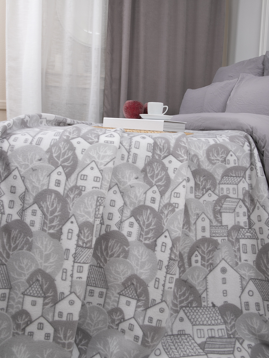 

Плед Tessolo Home флисовый 150х200, Домики серый, флис