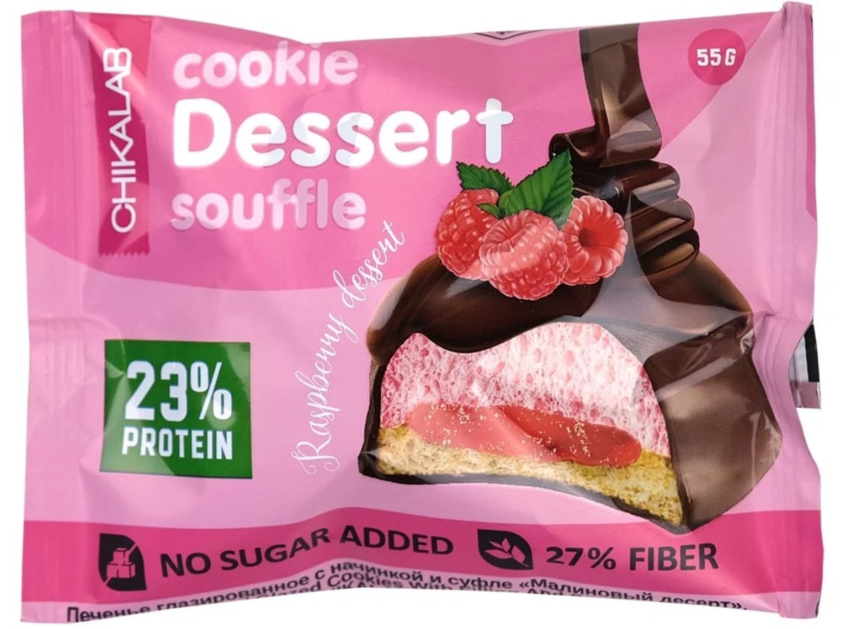 

Протеиновое печенье Bombbar CHIKALAB Cookie Dessert Souffle малиновый десерт 12 шт по 55 г