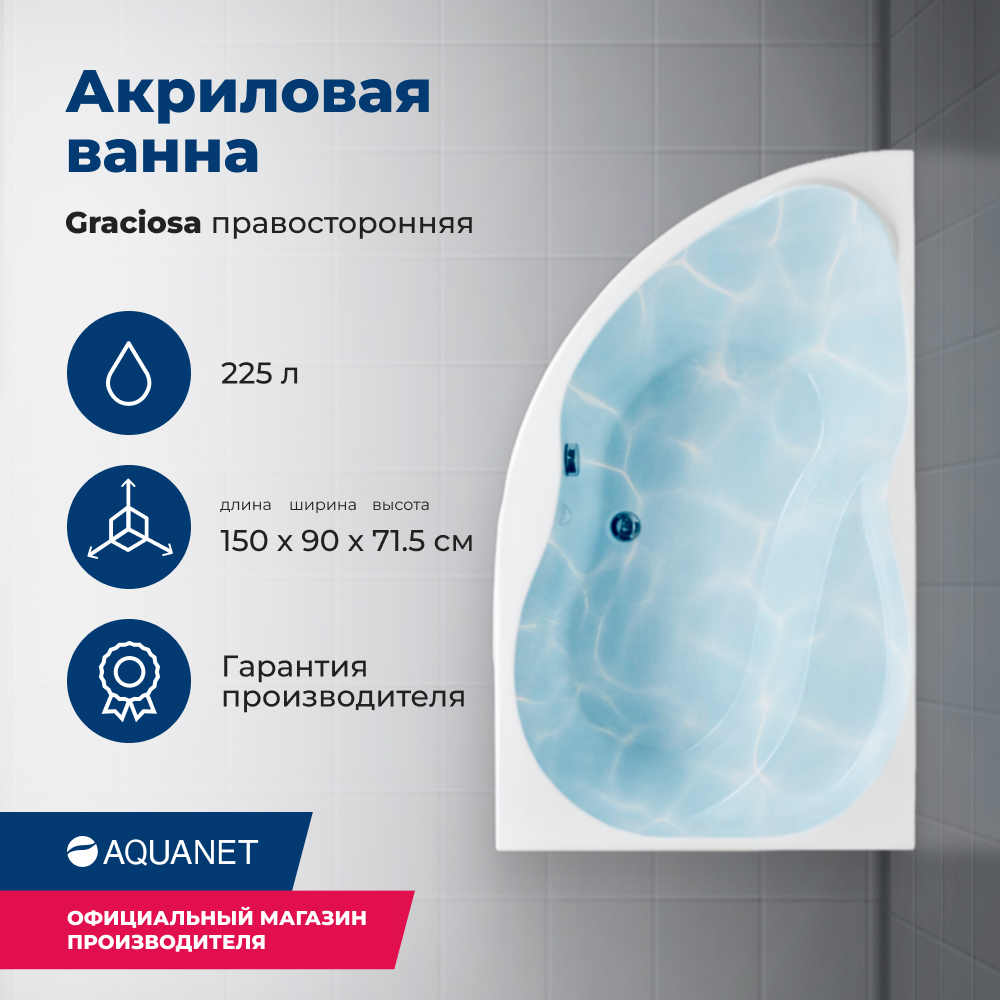 

Акриловая ванна Aquanet Graciosa 150x90 R (с каркасом), Белый, Graciosa_150x90_Frame