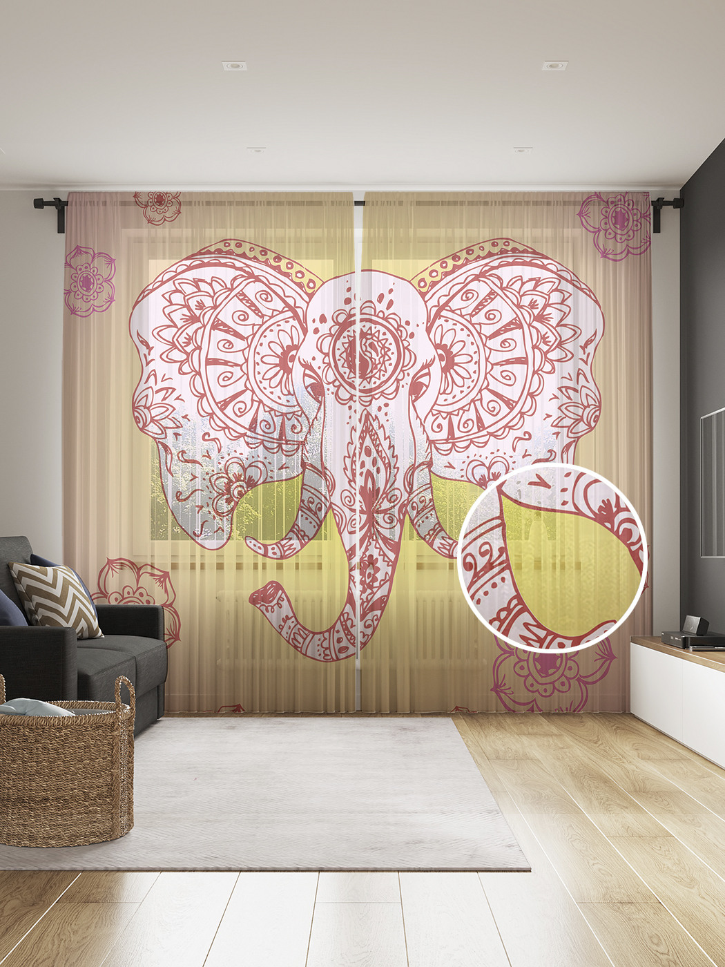 

Фототюль JoyArty "Цветочный ганеша", 145x265см (2 полотна со шторной лентой + 50 крючков), Цветочный ганеша