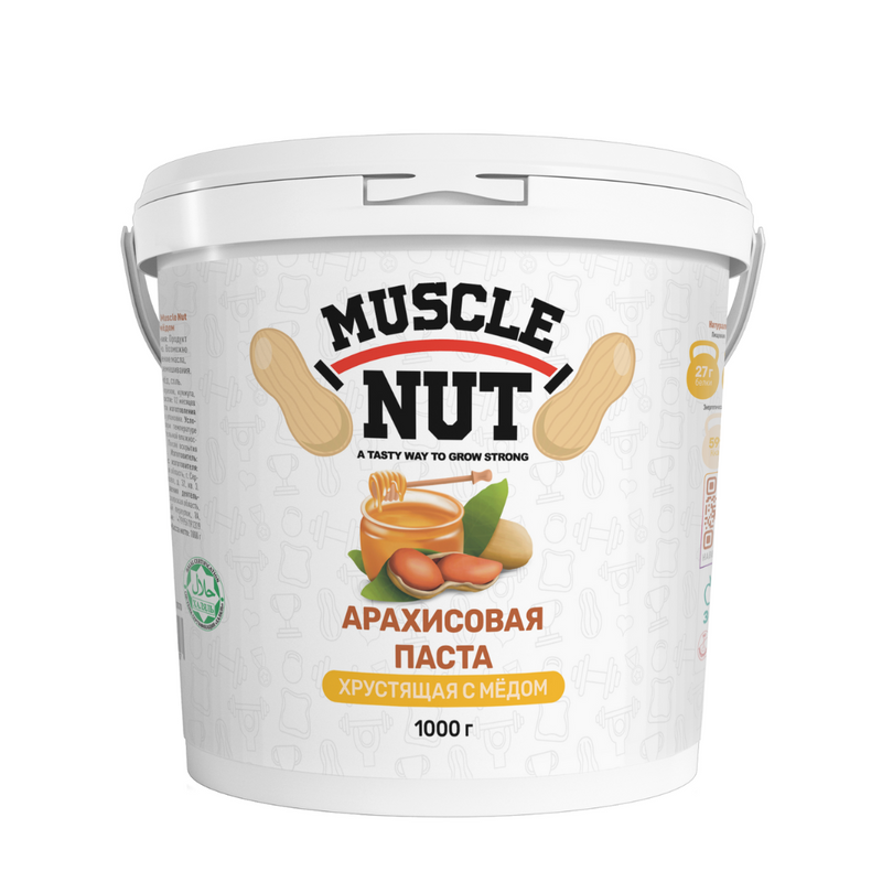 Арахисовая паста Muscle Nut хрустящая с мёдом, без сахара, натуральная, 1000 г