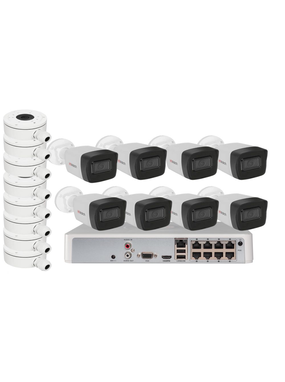 Комплект из 8-ми цилиндрических IP камер HiWatch (2Mpx/2.8mm) с питанием по PoE дюралайт tl fcb 3528 60l 240v 100m w белый