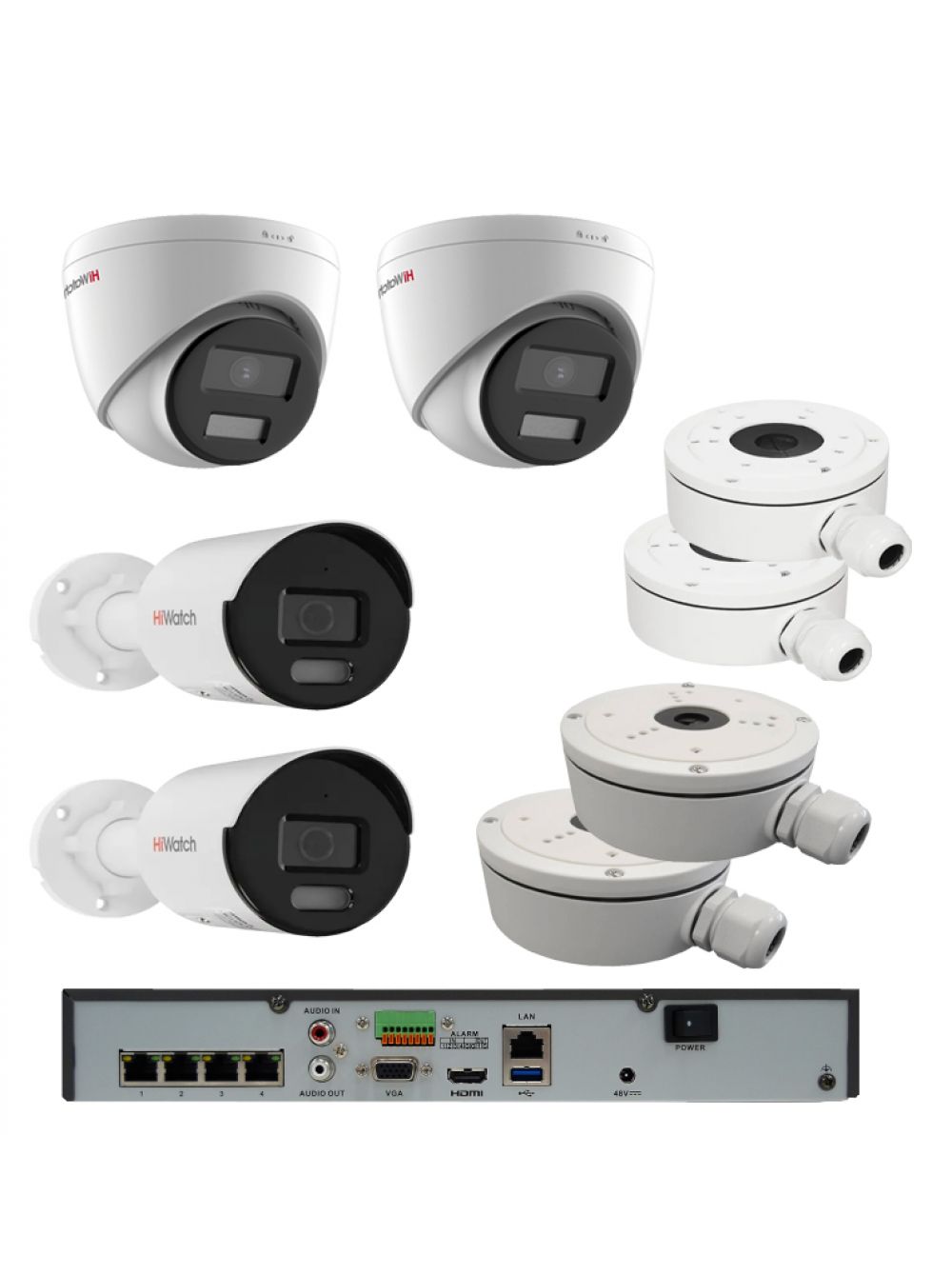Комплект из 2-х купольных и 2-х цилиндрических IP камер HiWatch (4Mpx/2.8mm/ColorVu) с PoE hiwatch ds i250l c 2 8mm 2мп видеокамера ip уличная цилиндрическая ip камера с led подсветкой до 30м и технологией colorvu 1 2 8