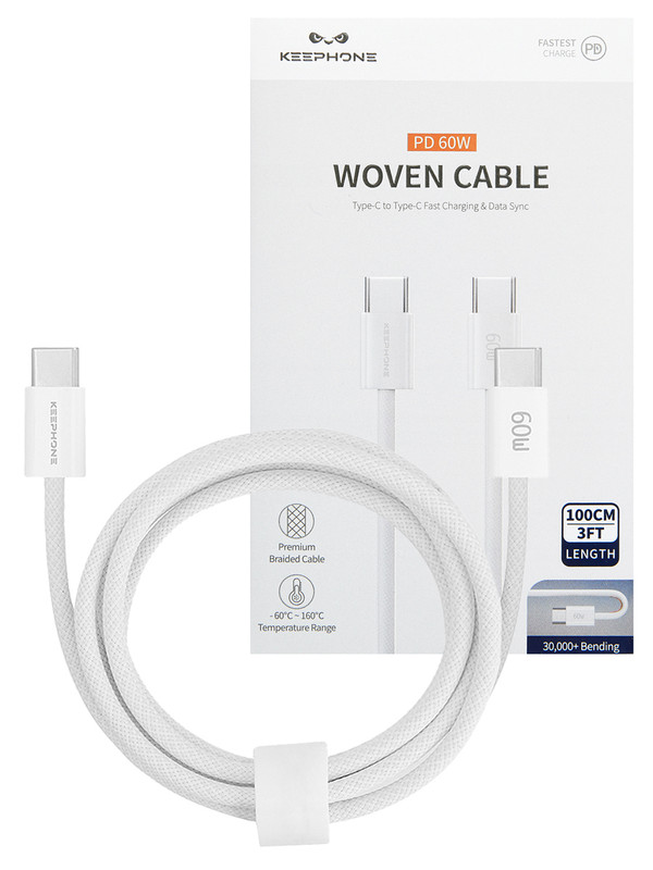

Кабель USB Type-C-USB Type-C Keephone 60W 2 м белый, Кабель синхронизации iPhone 15 Type-C 60W