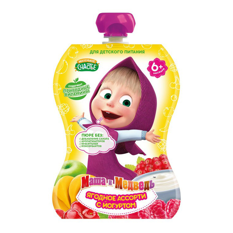 

Пюре Маленькое счастье Маша и Медведь ягодное ассорти с йогуртом с 6 месяцев 90 г