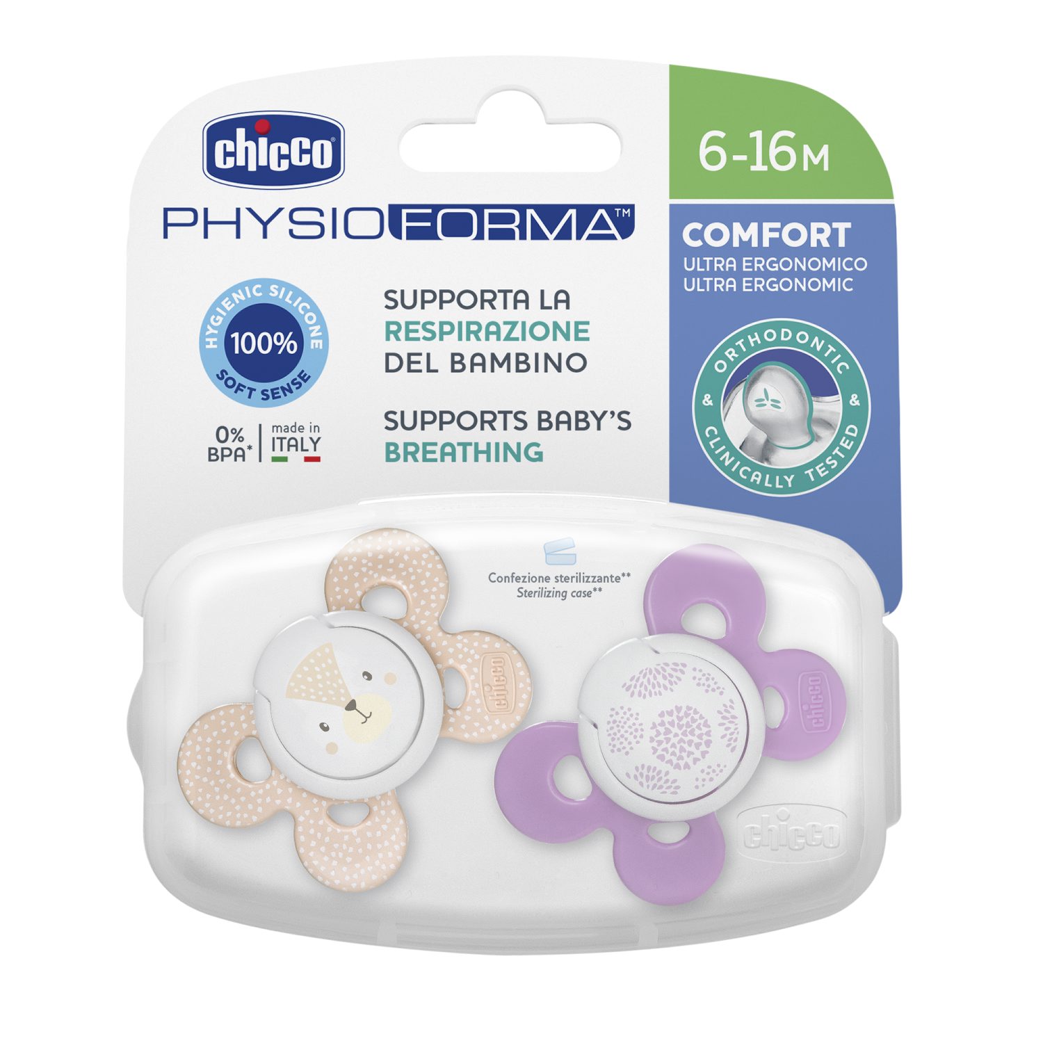 

Пустышка Chicco Physio Comfort,2шт.,6-16мес.,силикон, Pink,рис. бурундук, одуванчики, Белый;золотистый;розовый, 340729043