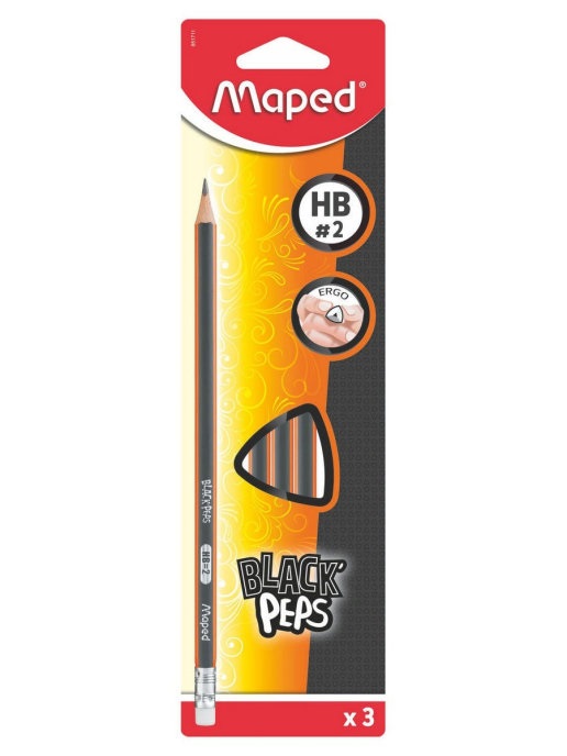 Карандаш чернографитный простой с ластиком НВ MAPED Black Peps, 3шт