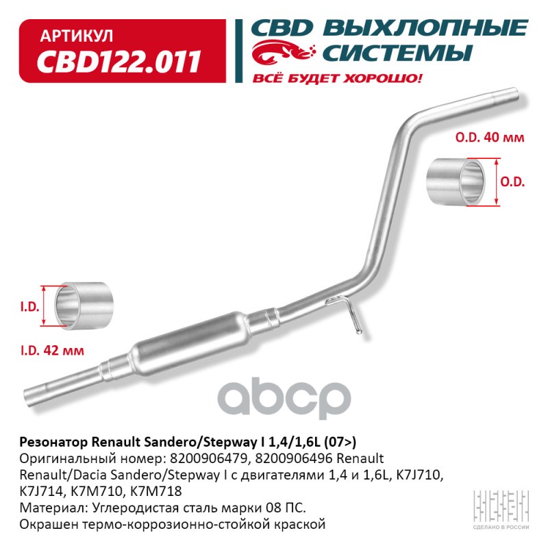 

Резонатор Renault Sandero/Stepway I 1,4/1,6l (07) Cbd122.011 CBD арт. CBD122011