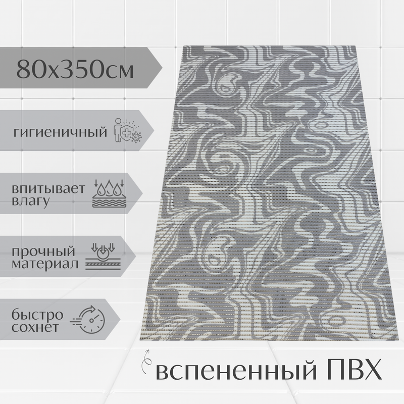 

Коврик Милкитекс Akva из вспененного ПВХ 80x350 см, серый, Разводы, пена